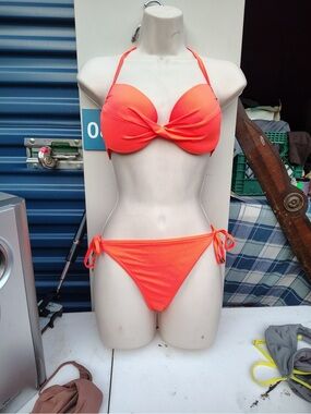 Topshop Neon Coral Twist Front Tie-Side Bikini